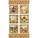 A decorative fabric featuring six panels with turkeys, pumpkins, sunflowers, and autumn messages.