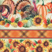 A decorative fabric featuring turkeys, pumpkins, sunflowers, and autumn leaves on a light background.