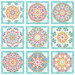 A grid of nine colorful mandala patterns with floral and geometric designs on a light background.