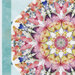 A colorful kaleidoscope pattern featuring butterflies and flowers in pink, purple, and blue.