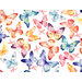 A colorful pattern of various watercolor butterflies in shades of pink, blue, yellow, and orange.