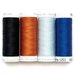 Four spools of thread in black, rust orange, icey white, and azure blue, isolated on a white background.