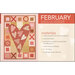 A quilt design for February with a prominent heart shape and materials list.