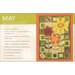 A colorful quilt design featuring large flowers and geometric patterns, with a materials list for crafting.