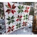 An angled shot of the completed Vintage Stars quilt, colored in cream, red, and green fabrics, hung on a clothesline and staged outdoors in a snowy wood with snowshoes.