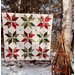 A head on shot of the completed Vintage Stars quilt, colored in cream, red, and green fabrics, hung on a clothesline and staged outdoors in a snowy wood with snowshoes.