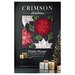 Crimson Christmas pattern front cover, the final quilt in black, green, red, and white, hung on a black wall and bordered by a lit Christmas tree and wrapped presents.