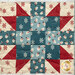 A close-up of a quilt featuring red, teal, and cream squares with snowman and snowflake patterns.