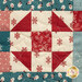 A close-up of a quilt featuring red, teal, and white fabric patterns with snowflakes and snowmen.