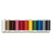 Eleven spools of thread in various colors arranged in a row on a white background.