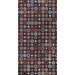 Pattern of colorful concentric circles in red, blue, and silver on a dark blue fabric.