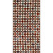 Patterned fabric featuring a grid of colorful circles in red, blue, brown, and cream tones.