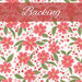 A swatch of white fabric with large pink flowers with tiny hearts sprouting from the leaves. A red banner at the top reads 