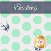 Digital fabric swatch of light mint green polka dots on a white background with flying starlings, a decorative logo, and the word Backing.