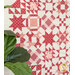 A vibrant quilt featuring red and cream geometric patterns, displayed with a green plant in the foreground.