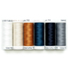 Six spools of thread in white, cream, rust orange, navy, dark indigo, and gray, isolated on a white background.