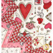 Up close of patchwork design featuring hearts, roses, and love-themed motifs in red and pink tones.