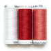 Three spools of thread in white, red, and pink, isolated on a white background.