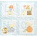 Close-up of patchwork quilt featuring four yellow birds: one with ice cream, one near a flower pot, one on a toy, and one by an orange, corresponding to different alphabet letters.