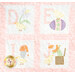 Quilted fabric features four squares with pastel birds next to letters D, E, J, and a colorful egg.