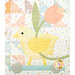 Close-up of a cheerful yellow chick on a blue wheeled platform, holding a pink tulip against a pastel quilt background.