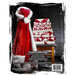 The back side of the book with a stack of red and white quilts next to a Santa Claus outfit