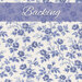 A swatch of cream fabric with soft blue roses and vines stretching across the background. A muted blue banner at the top reads 