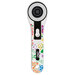 Colorful rotary cutter with floral design and a circular blade isolated on a white background