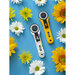 Two rotary cutters on a blue background, surrounded by colorful daisies and sunflowers.