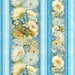 Blue striped fabric with rows of tightly packed together flowers and butterflies dotted between the stripes.