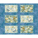 Six rectangular panels featuring floral designs and butterflies on a mottled blue background.