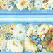 An 8x8 close up swatch of the flowers and butterflies in the border stripe fabric.
