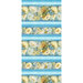 Blue striped fabric with rows of tightly packed together flowers and butterflies dotted between the stripes.