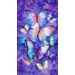 Colorful butterflies in shades of blue, pink, and purple are scattered against a purple floral background.