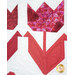 Close up of a quilt featuring red floral and geometric fabrics arranged in a stylized tulip design.