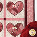 A quilt featuring pink and red patchwork hearts adorned with bows and decorative buttons.