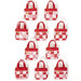 The ten Tiny Tote Bags colored in red, white, and pink fabrics from the Holiday Essentials Love collection from Moda fabrics, isolated on a white background.