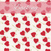 A swatch of cream fabric with red hearts featuring candy heart sayings and tossed golden arrows scattered across the fabric. A pink banner at the top reads 