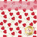 A swatch of cream fabric with red hearts featuring candy heart sayings and tossed golden arrows scattered across the fabric. A pink banner at the top reads 