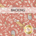 A swatch of coral pink fabric with sprawling leaves amongst hares, hedgehogs, and birds. A banner at the top reads 