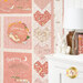 Up-close of a cream and pink patchwork quilt with hearts next to coordinating decor. 