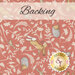 A swatch of coral pink fabric with sprawling leaves amongst hares, hedgehogs, and birds. A light banner at the top reads 