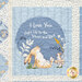 Up close of blue and cream children's quilt featuring a bunny and a mouse with a sweet phrase