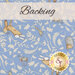 A swatch of sky blue fabric with sprawling leaves amongst hares, hedgehogs, and birds. A light banner at the top reads 