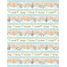 A pastel blue and yellow border stripe print with rows of rainbows, animals, and uplifting words like 