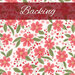 A white fabric swatch with tossed bright pink flowers, red hearts, and green leaves. A dark red banner at the top reads 