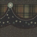 Close-up of fabric featuring plaid and polka dot patterns with decorative stitching and a button.