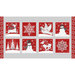 A red and gray fabric panel with 8 tiles of snowmen, snowflakes, deer, a dove, and snowy trees.