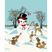 Fabric featuring a snowman with a black hat and red bowtie holding a candy cane, surrounded by deer and rabbits in a snowy landscape.