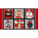 A red and black fabric panel with six blocks of various woodland animals in cozy winter gear.